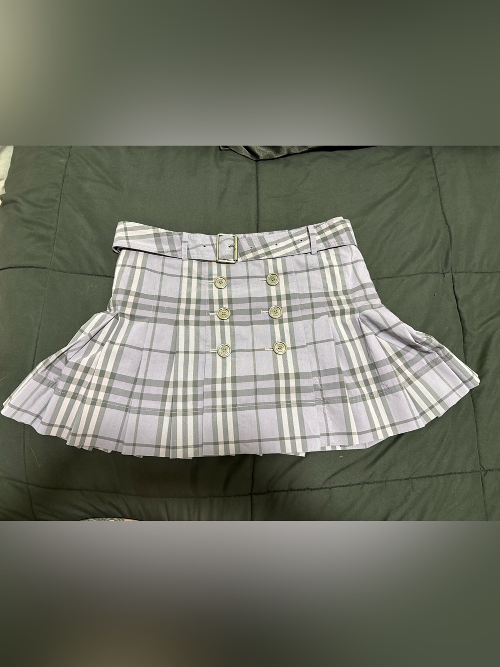 Burberry Lavender Plaid Pleated Mini Skirt with Belt